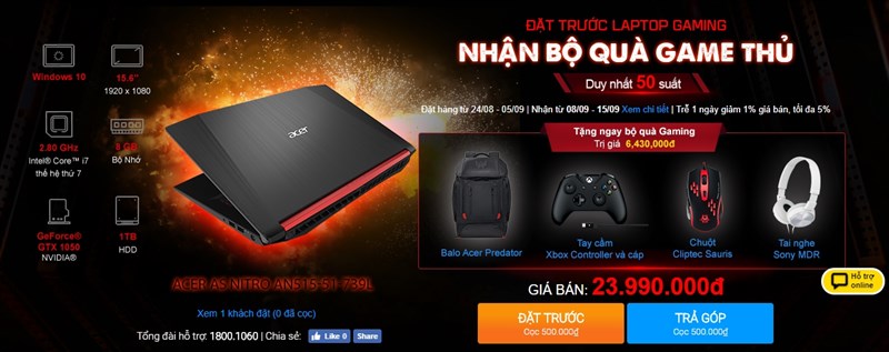 Laptop chiến game Acer Nitro 5 AN515 cho phép đặt trước kèm quà tặng