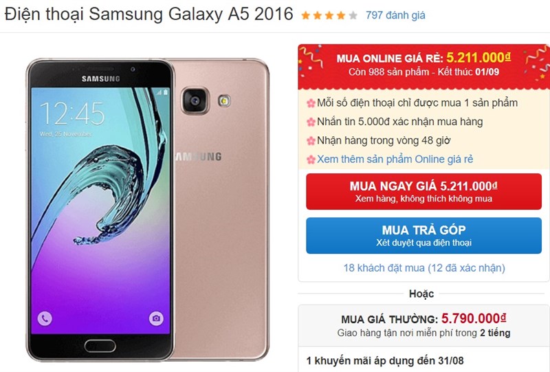 Galaxy A5 2016 giảm giá