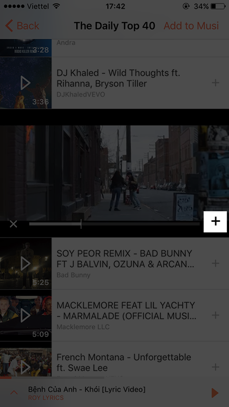  nhấn vào biểu tượng dấu + tại video bài hát đang mở