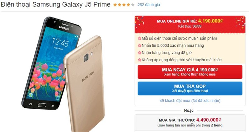 Hàng HOT Galaxy J5 Prime tiếp tục giảm giá