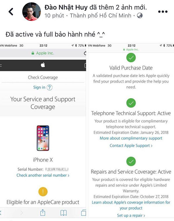 Ảnh chụp lại status và hình ảnh kích hoạt iPhone X của anh Đào Nhật Huy Ảnh chụp lại status và hình ảnh kích hoạt iPhone X của anh Đào Nhật Huy