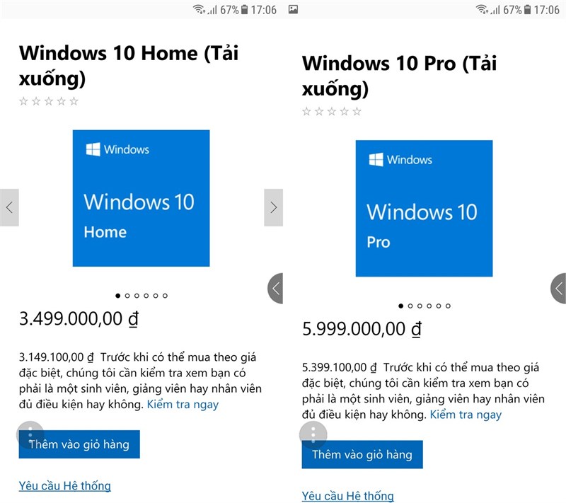 Giá bán các phiên bản Windows 10