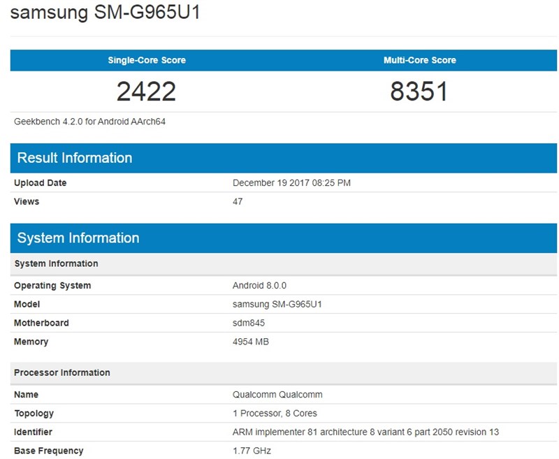 Galaxy S9 Plus với chip Snapdragon 845 xuất hiện trên Geekbench Galaxy S9 Plus với chip Snapdragon 845 xuất hiện trên Geekbench