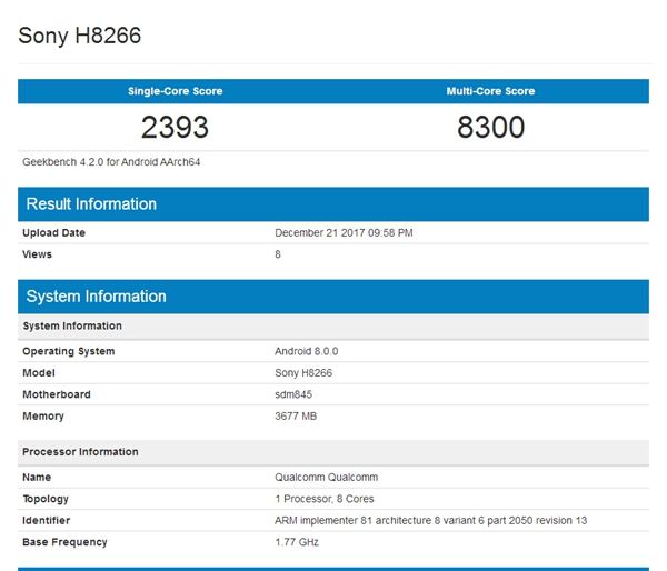 Smartphone cao cấp Sony H8266 xuất hiện trên Geekbench với chip Snapdragon 845 Smartphone cao cấp Sony H8266 xuất hiện trên Geekbench với chip Snapdragon 845