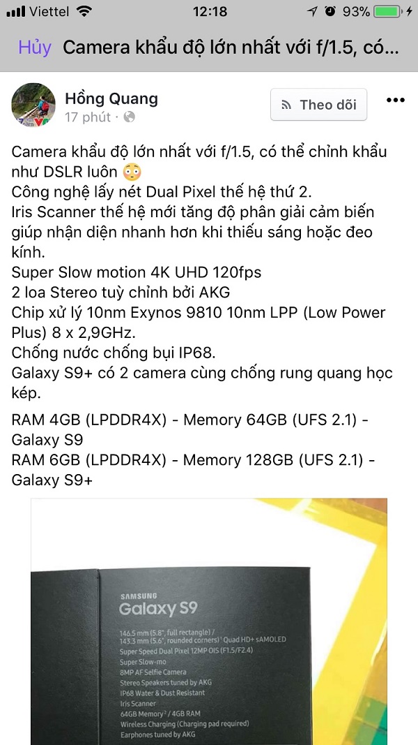 Lộ thông số chi tiết cấu hình Galaxy S9 tại Việt Nam