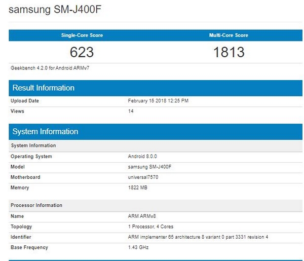 Một thiết bị mang mã SM-J400F được cho là Galaxy J4 đã xuất hiện trên GeekBench