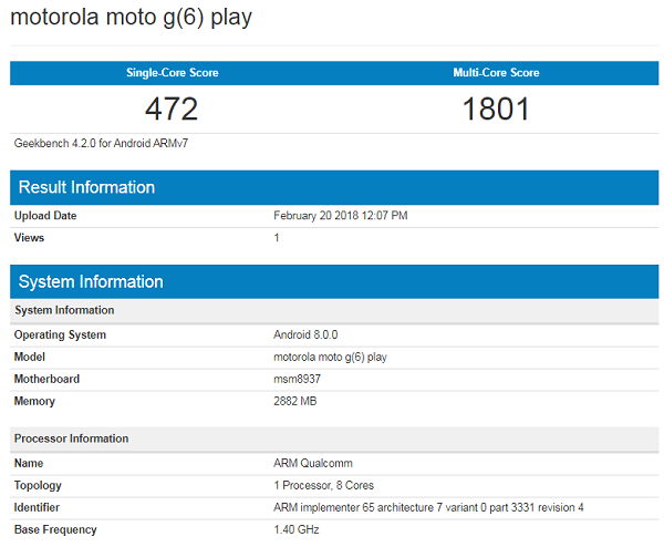 Moto G6 Play xuất hiện trên GeekBench Moto G6 Play xuất hiện trên GeekBench