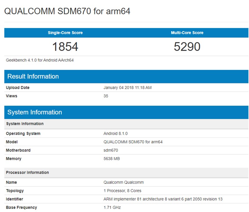 Điểm hiệu năng của Snapdragon 670 thông qua GeekBench