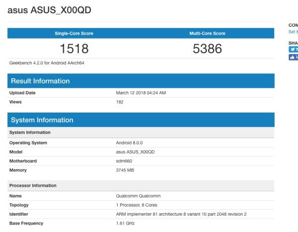 ZenFone 5 Max lộ cấu hình trên Geekbench: Snapdragon 660, RAM 4GB