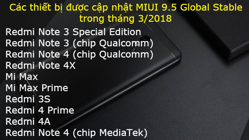 Các thiết bị sẽ nhận được cập nhật MIUI 9.5 Global Stable trong tháng 3/2018 Các thiết bị sẽ nhận được cập nhật MIUI 9.5 Global Stable trong tháng 3/2018