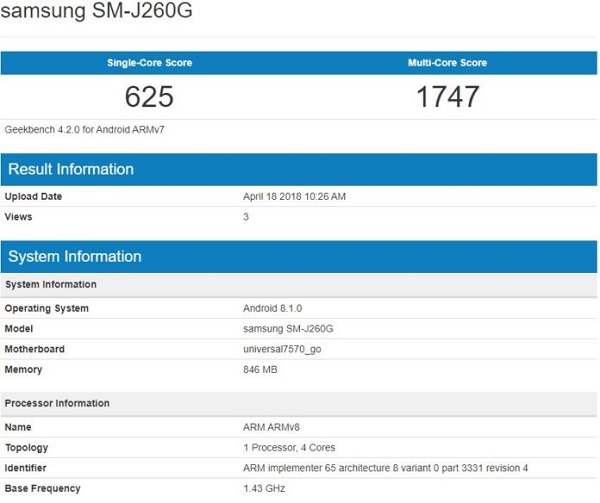 Galaxy J2 Core chạy Android Go xuất hiện trên Geekbench