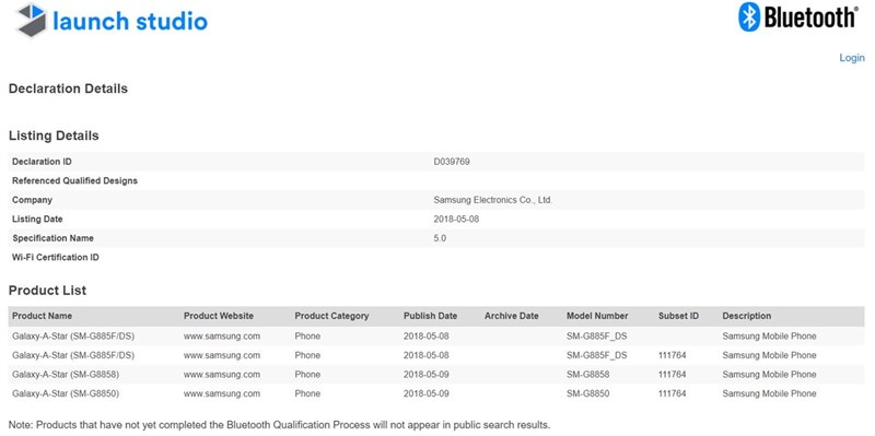 SM-G885 được Bluetooth SIG chứng nhận với tên gọi là Galaxy A Star