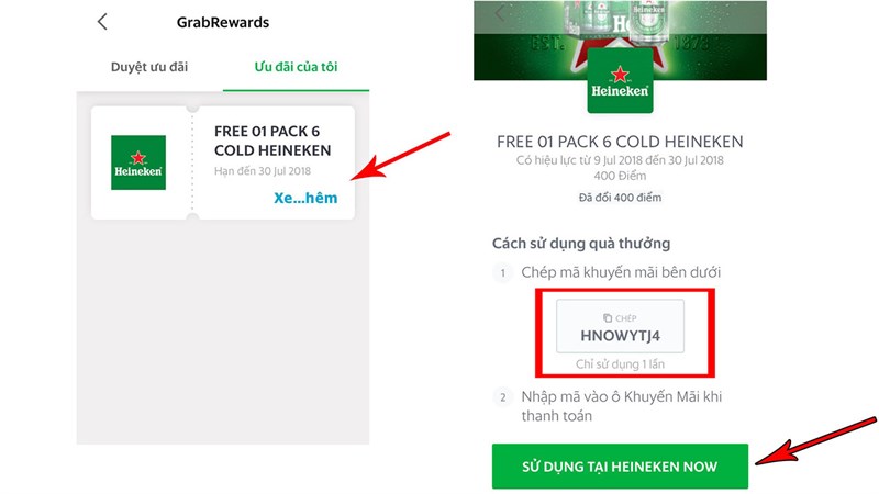 Từ ngày 09/07 đến 30/07/2018, khi là thành viên của Grab với điểm tích lũy từ 400 điểm trở lên sẽ nhận được mã khuyến mãi để đặt mua bia lạnh từ Heineken. Không chỉ vậy, bạn sẽ nhận được những phần quà ưu đãi cùng cam kết giao tận nơi chỉ trong 60 phút từ Heineken Now.