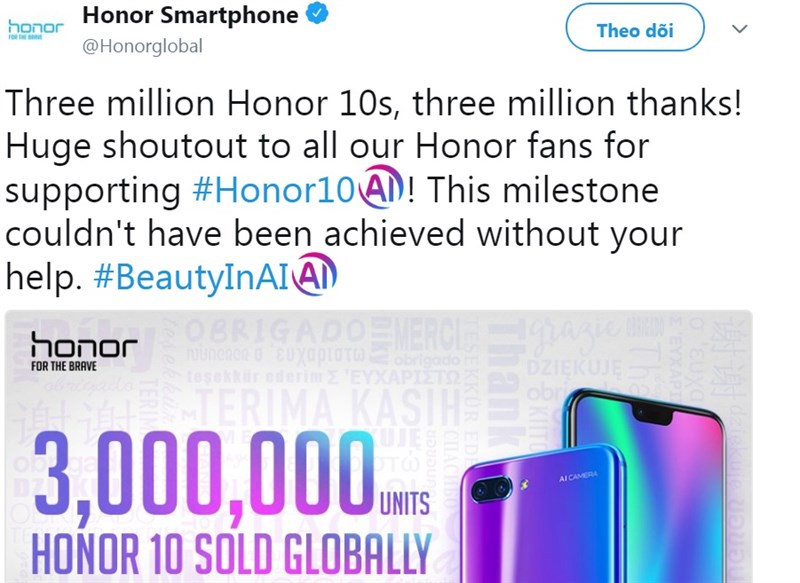 Hơn 3 triệu chiếc Honor 10 được bán sạch giúp thương hiệu tăng trưởng 150% Hơn 3 triệu chiếc Honor 10 được bán sạch giúp thương hiệu tăng trưởng 150%