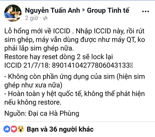 Một thành viên trong Group tinhte đã chia sẻ thông tin về ICCID mới