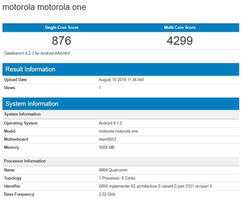 Motorola One chip Snapdragon 625 có mặt trên Geekbench Motorola One chip Snapdragon 625 có mặt trên Geekbench