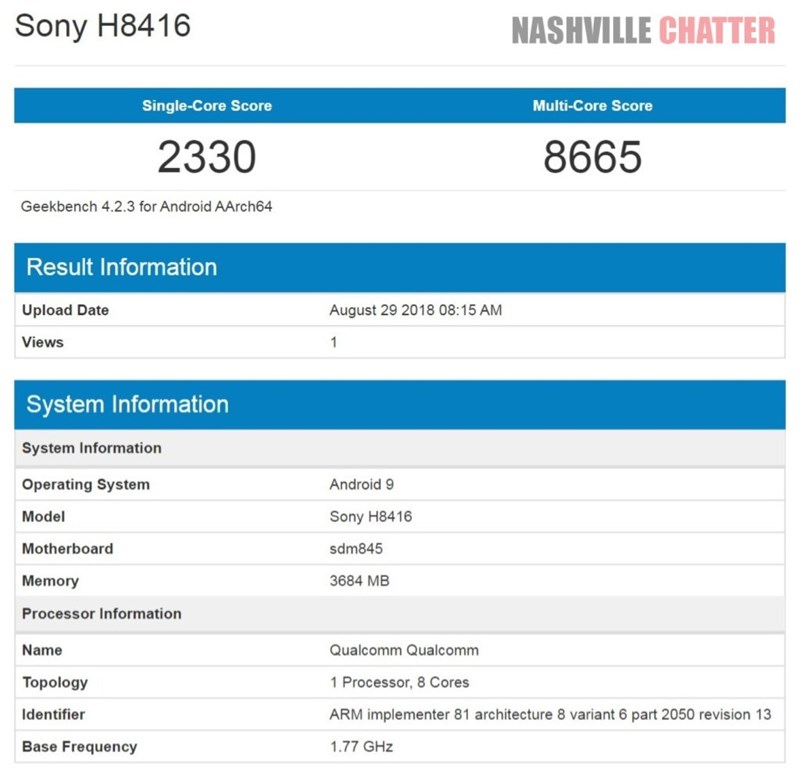 Xperia XZ3 lộ cấu hình trên Geekbench với RAM 4GB, chạy Android 9