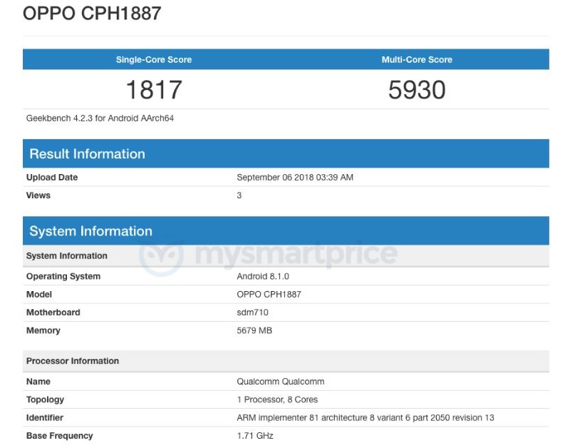 OPPO CPH1887 xuất hiện trên Geekbench với RAM 6GB, chip Snapdragon 710 OPPO CPH1887 xuất hiện trên Geekbench với RAM 6GB, chip Snapdragon 710