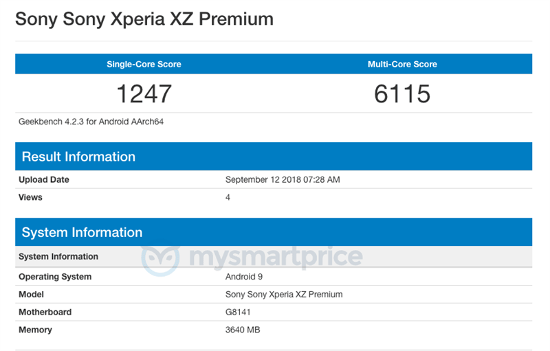 Sony Xperia XZ Premium chạy Android 9.0 Pie xuất hiện trên Geekbench