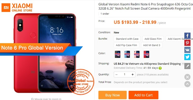 Xiaomi Redmi Note 6 Pro phiên bản quốc tế được rao bán trên AliExpress Xiaomi Redmi Note 6 Pro phiên bản quốc tế được rao bán trên AliExpress