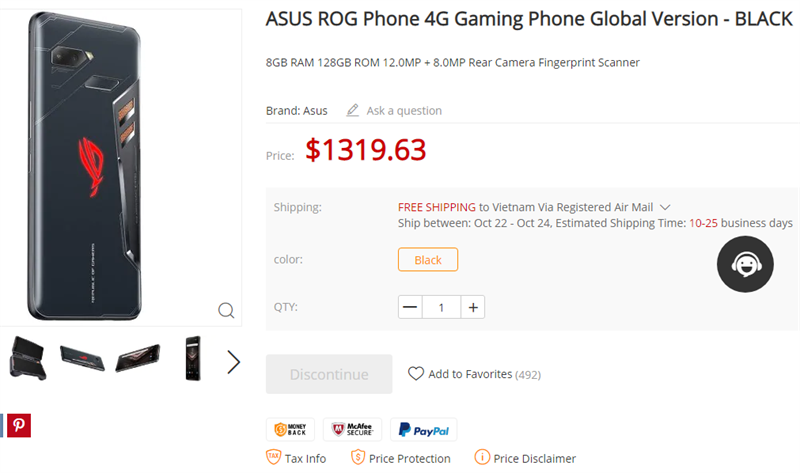 ASUS ROG Phone có giá 1319.63 USD (khoảng 30.6 triệu đồng) trên Gearbest