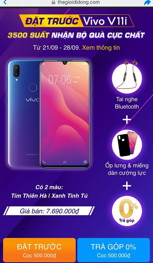 Vivo V11i màn hình giọt nước, camera kép AI đã có máy trải nghiệm tại siêu thị TGDĐ