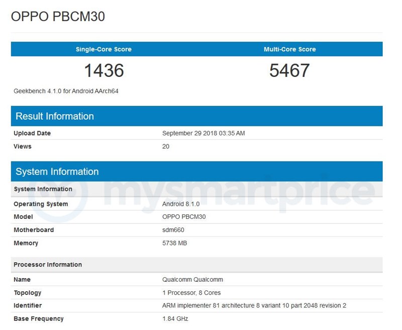 OPPO K1 dùng chip Snapdragon 660, RAM 6 GB xuất hiện trên Geekbench OPPO K1 dùng chip Snapdragon 660, RAM 6 GB xuất hiện trên Geekbench