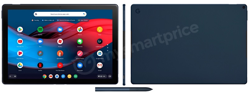 Google Pixel Slate xuất hiện với màu xanh đậm bên cạnh bàn phím và bút cảm ứng