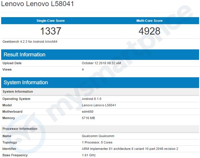 Lenovo S5 Pro dùng chip Snapdragon 660 AIE xuất hiện trên Geekbench