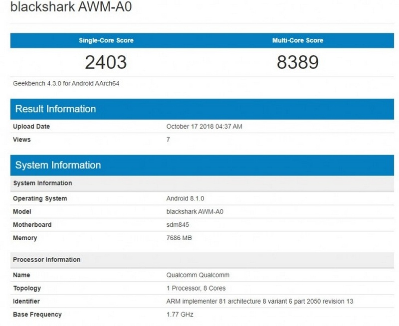 Xiaomi Black Shark 2 lộ cấu hình, điểm sức mạnh trên Geekbench Xiaomi Black Shark 2 lộ cấu hình, điểm sức mạnh trên Geekbench