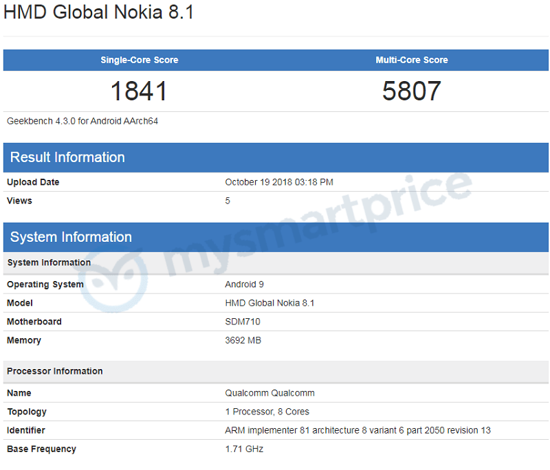 Nokia 8.1 dùng chip Snapdragon 710 xuất hiện trên Geekbench Nokia 8.1 dùng chip Snapdragon 710 xuất hiện trên Geekbench