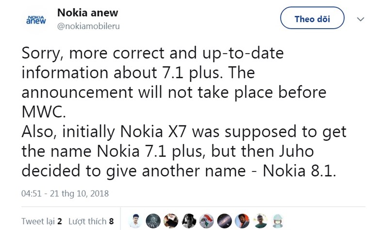 Nokia 8.1 là tên gọi quốc tế của Nokia X7 được bán tại Trung Quốc Nokia 8.1 là tên gọi quốc tế của Nokia X7 được bán tại Trung Quốc