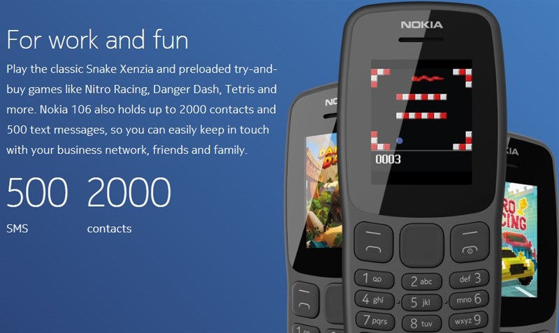 Nokia 106 (2018) lưu được 2.000 số điện thoại và 500 tin nhắn SMS