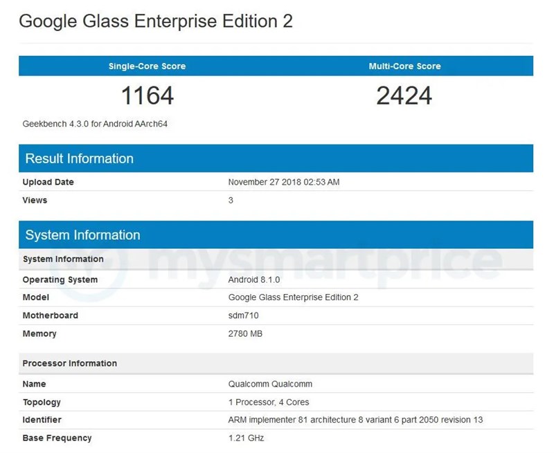 Google Glass Enterprise Edition 2 xuất hiện trên Geekbench Google Glass Enterprise Edition 2 xuất hiện trên Geekbench
