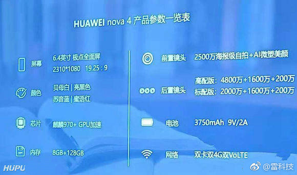 Huawei Nova 4 lộ cấu hình dùng chip Kirin 970, RAM 8 GB, camera 48 MP