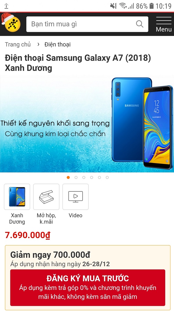 Galaxy A7 (2018) xanh dương được giảm 700.000 đồng thời gian có hạn