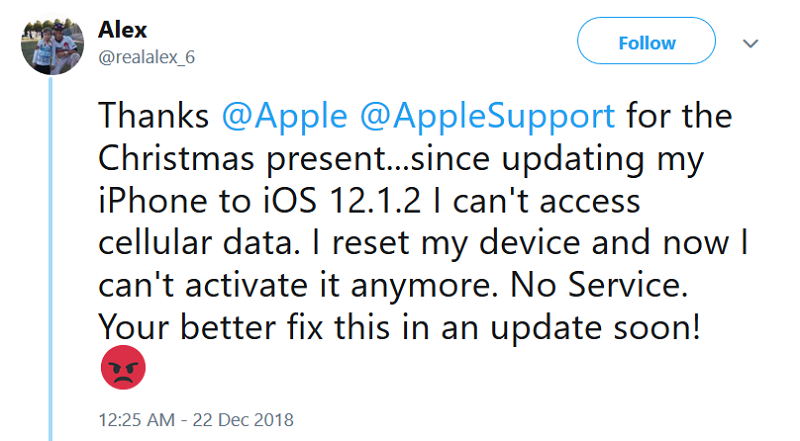 Một người dùng iPhone phàn nàn khi cập nhật lên iOS 12.1.2 gây ra sự cố mất kết nối dữ liệu di động Một người dùng iPhone phàn nàn khi cập nhật lên iOS 12.1.2 gây ra sự cố mất kết nối dữ liệu di động