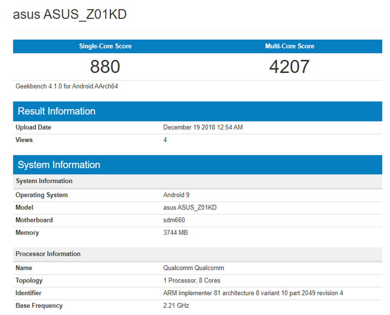 ASUS ZenFone 4 chạy Android 9 Pie xuất hiện trên Geekbench