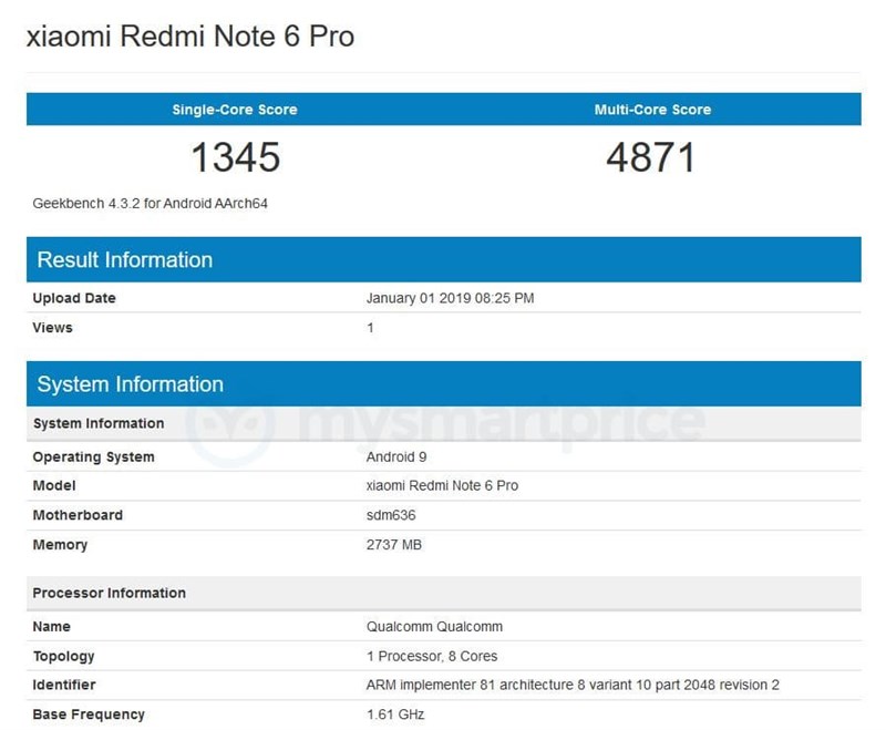 Xiaomi Redmi Note 6 Pro chạy Android 9.0 Pie xuất hiện trên Geekbench Xiaomi Redmi Note 6 Pro chạy Android 9.0 Pie xuất hiện trên Geekbench