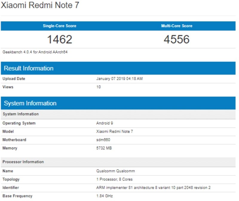 Xiaomi Redmi Note 7 dùng chip Snapdragon 660 xuất hiện trên Geekbench