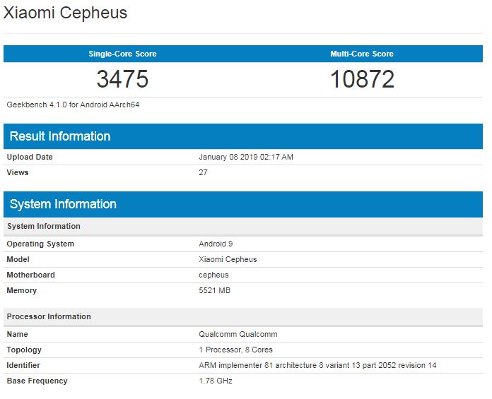 Xiaomi Cepheus dùng chip Snapdragon 855 xuất hiện trên Geekbench