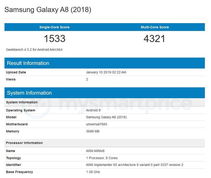 Samsung Galaxy A8 (2018) chạy Android Pie xuất hiện trên Geekbench