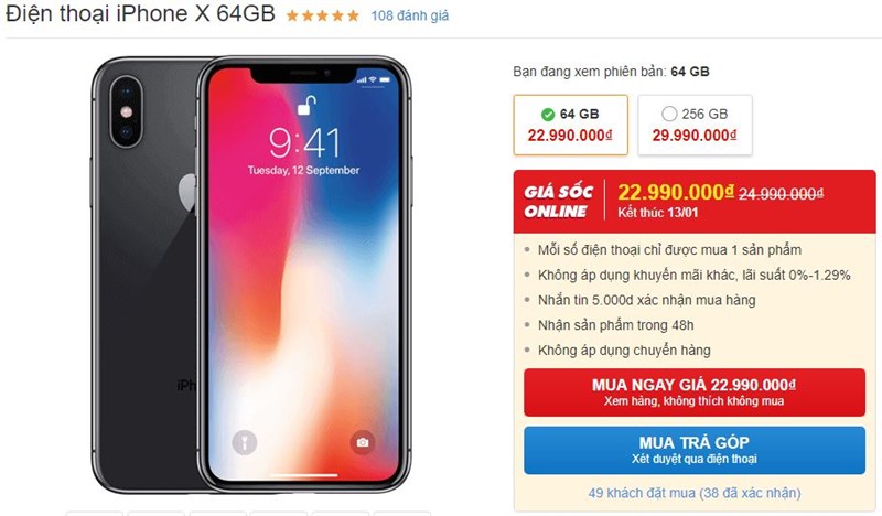 iPhone X 64GB, Apple Watch S3 42mm giảm giá mạnh mẽ khi mua online