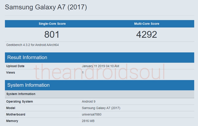 Galaxy A7 (2017) chạy Android 9.0 Pie xuất hiện trên Geekbench