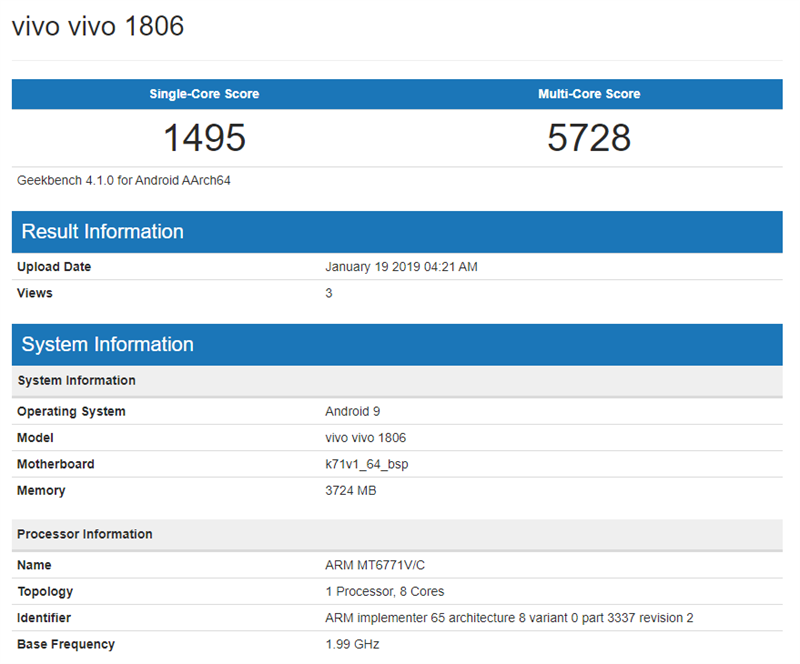 Vivo V11i chạy Android 9 Pie xuất hiện trên Geekbench