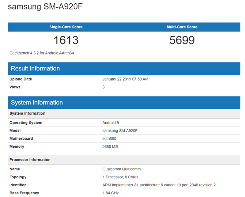 Galaxy A9 2018 chạy Android 9 Pie xuất hiện trên Geekbench