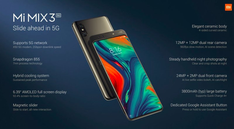 MWC 2019: Xiaomi Mi MIX 3 phiên bản 5G dùng chip Snapdragon 855 ra mát