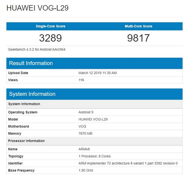 Huawei P30 Pro lộ cấu hình trên Geekbench với chip Kirin 980, RAM 8GB Huawei P30 Pro lộ cấu hình trên Geekbench với chip Kirin 980, RAM 8GB