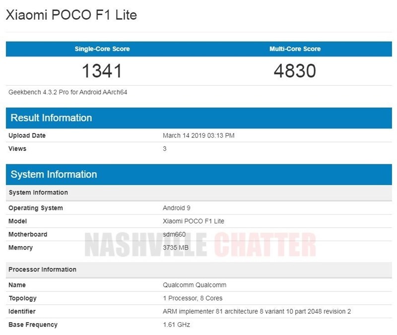 POCO F1 Lite dùng chip Snapdragon 660 xuất hiện trên Geekbench