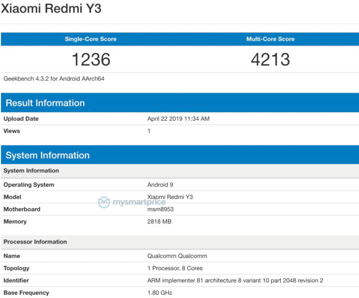 Redmi Y3 dùng chip Snapdragon 625, RAM 3 GB xuất hiện trên Geekbench